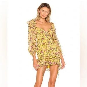 For Love & Lemons Yellow Floral Silk Beaumont Ruched Mini Dress Romantic L